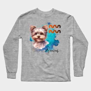 Aquarius  Zodiac Sign Cute Yorkie Watercolor Art Long Sleeve T-Shirt